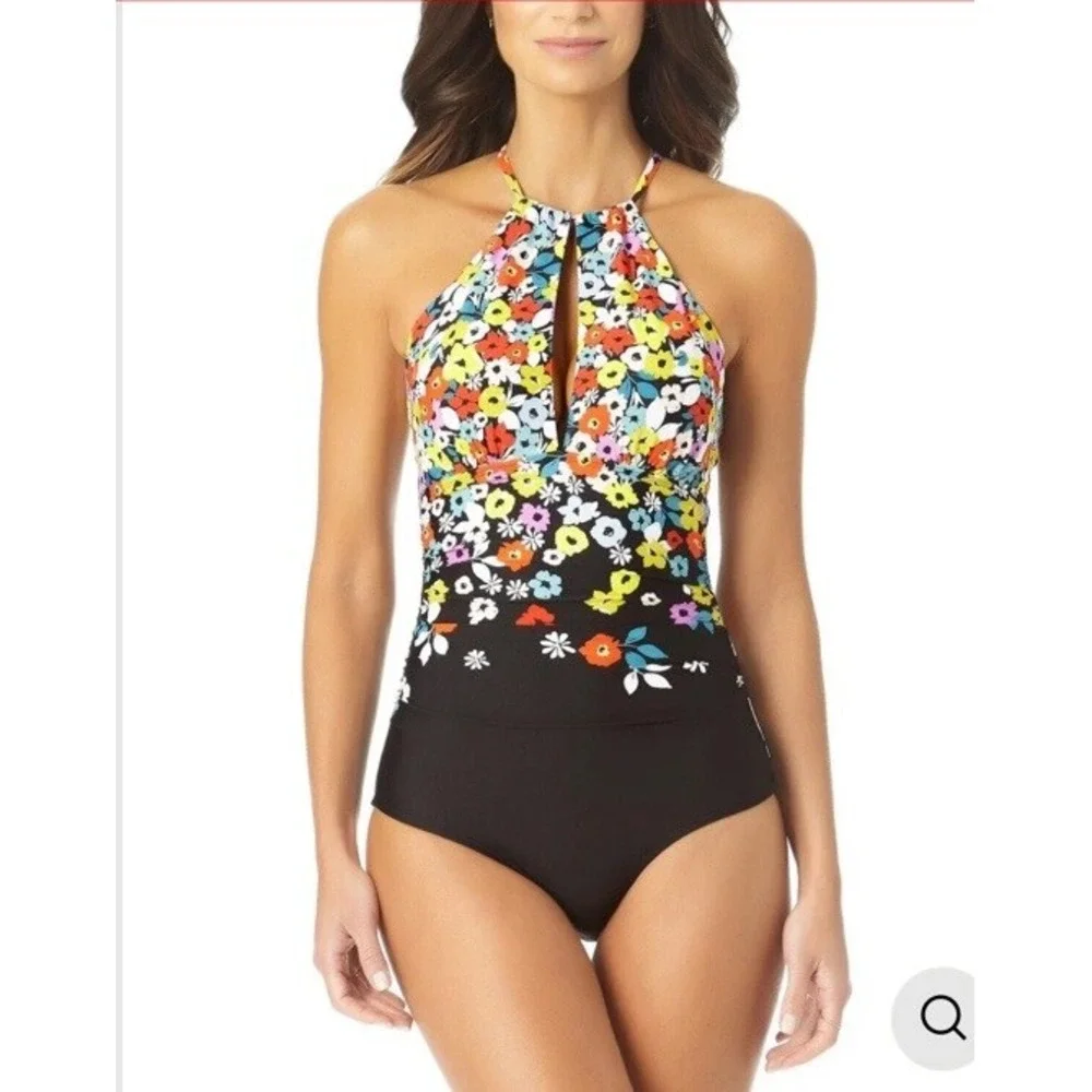 Anne Cole Floral Halter Keyhole One Piece Swimsuit Black Multi Plus Size 18W